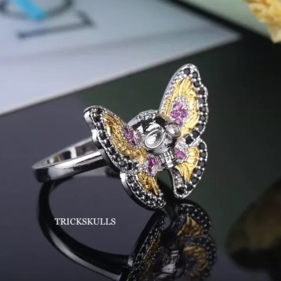 Butterfly Skull Multicolor Lab Gem Stone Pave Ring Glam Punk Size 6 7 8 9 New! - Picture 5 of 6